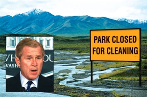 Alaska’s Denali National Park, one of the many wildlife refuges temporarily closed by Bush (inset).
